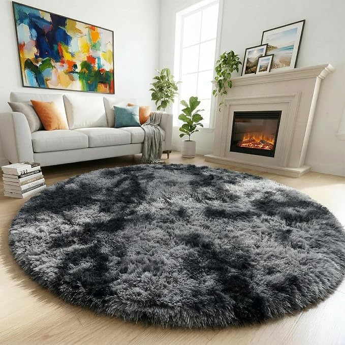 Amdrebio Tie-Dyed Dark Grey Round Area Rug 5Ft by Amdrebio