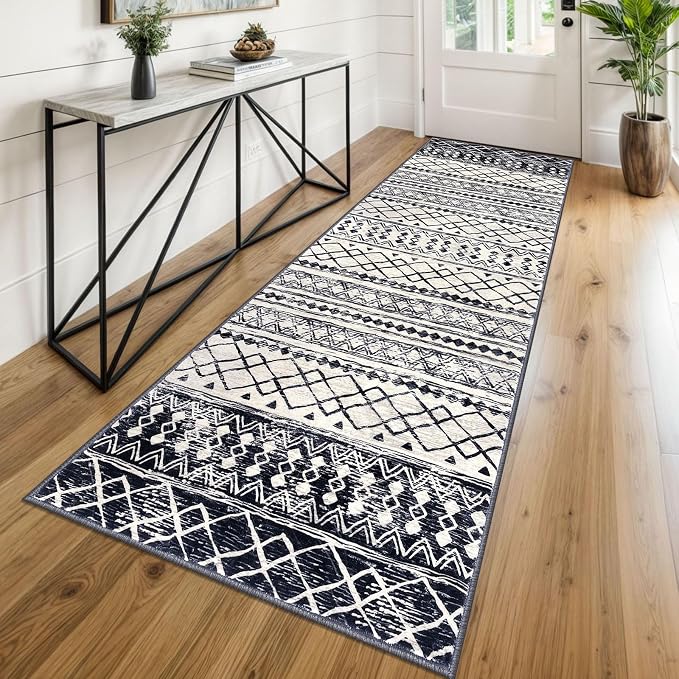 KUTA Moroccan Washable Runner Rug 2.6x8, Non-Slip Vintage Black Navy Blue Boho by KUTA
