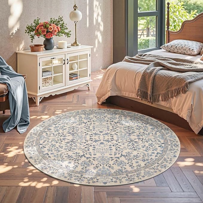 jinchan Zenith Round Rug 6ft Area Rug Soft 6'Round Vintage Floral Rug Non-Slip - Image 3