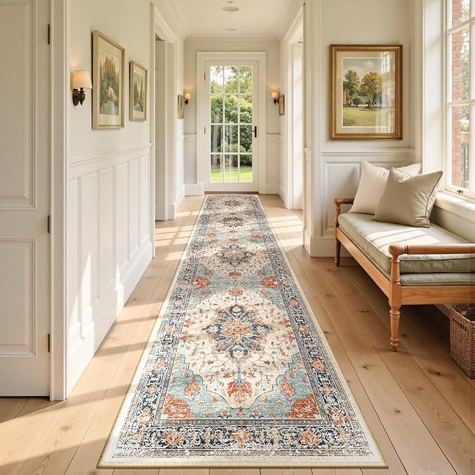 RELEANY Area Rugs Runner 2'6"x12' Washable Non-Slip, Floral Vintage Distress by RELEANY
