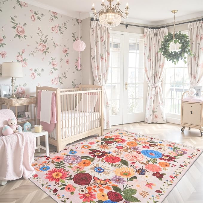 Blush Floral Machine Washable Rug, 3x5 Rug Non Slip Soft Bedroom Rugs - Image 5