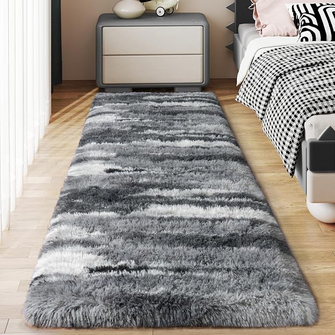 Soft Runner Rugs for Bedroom Hallways, 2x6 Abstract Grey Fluffy Shag Throw Area by Ailyei
