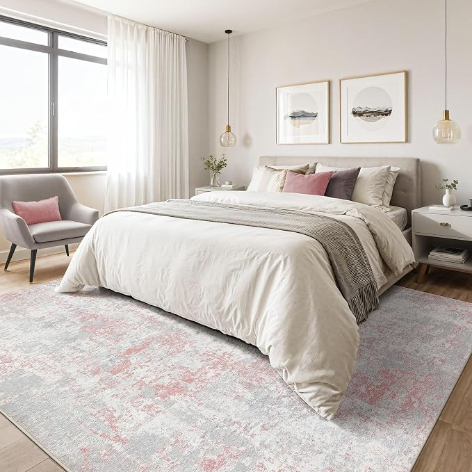 Pink Rug 5x8 Living Room: Washable Large Abstract Neutral Modern Soft Rug Stain - Image 4