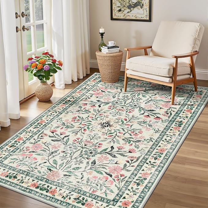 Area Rug Living Room Rugs: Floral 3x5 Washable Rug Vintage Soft Boho Non-Slip - Image 4