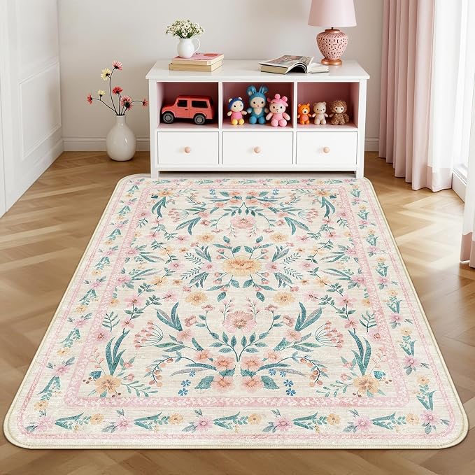 Pink Floral Rug 3x5 for Girls Bedroom, Washable Non-Slip Nursery Rug, Soft Cute - Image 8