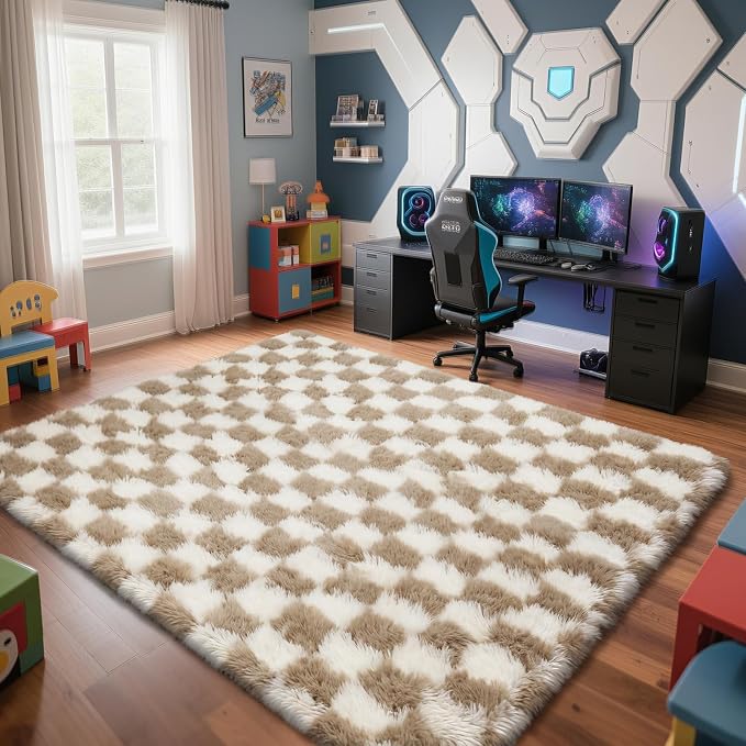 Checkered Rug for Living Room, 6x9 Beige and White Area Rugs, Classic Checkered by Yongyangjuxi