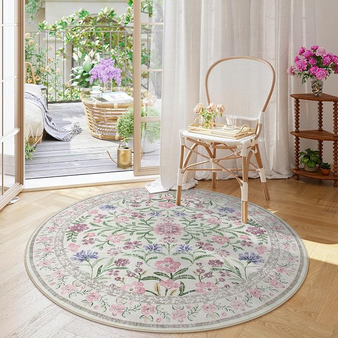 Wonnitar Floral Washable Round Rugs 6ft, Ultra-Thin Non Slip Boho Carpet - Image 7