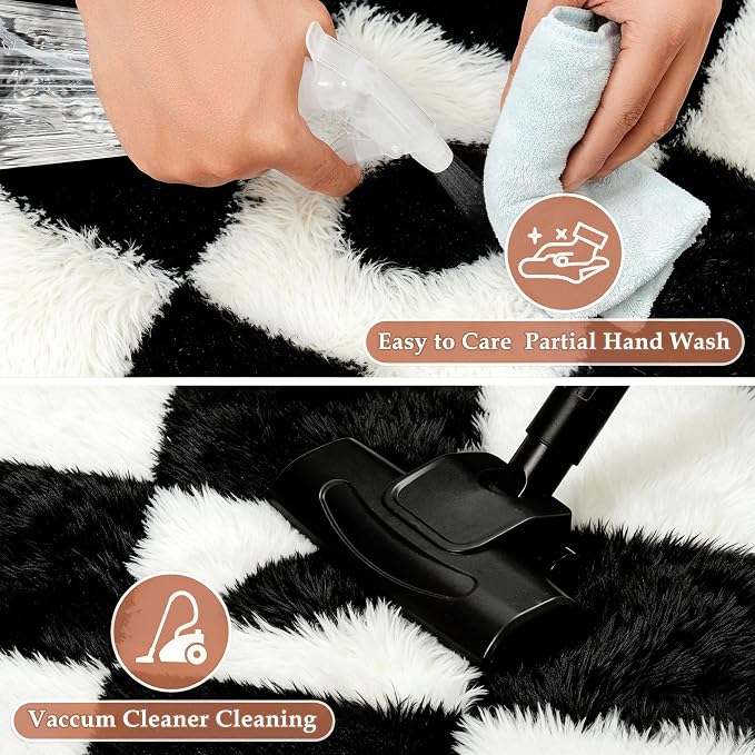 PureCozy Checkered Rug 5x7 Fluffy Shag Living Room Black and White Area Rug - Image 5