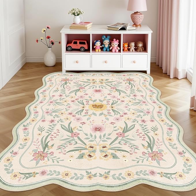 Scalloped Floral Rug 5x7, Sage Green Washable Non Slip Area Rug - Image 2