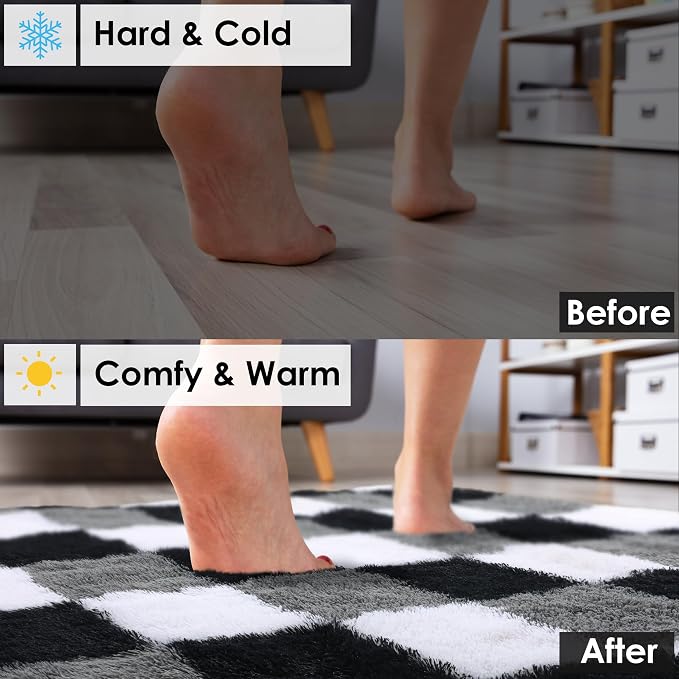 KICMOR Living Room Rugs 5x8, Fluffy Shag Fuzzy Plush Black White Grey Checkered - Image 5