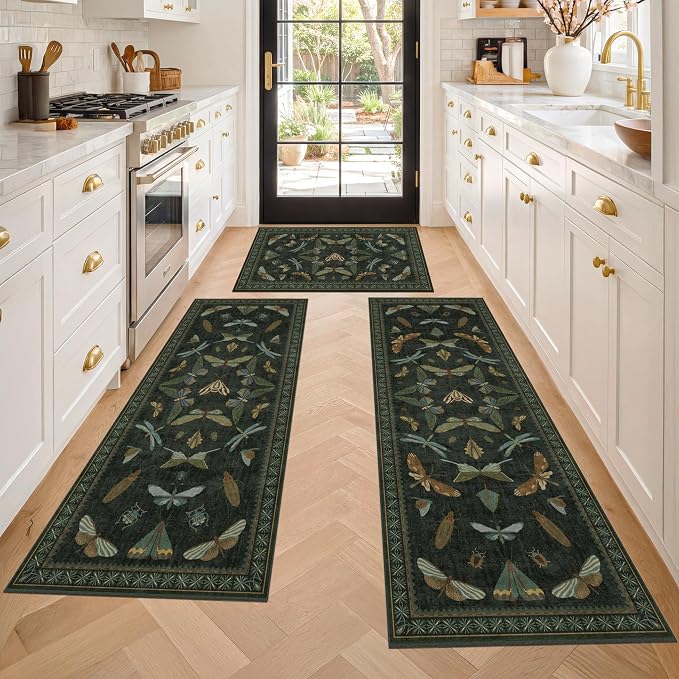 JTJ Botanical Insect Kitchen Rug Set of 3, Dark Green Nature Inspired Floor Mats - Image 8