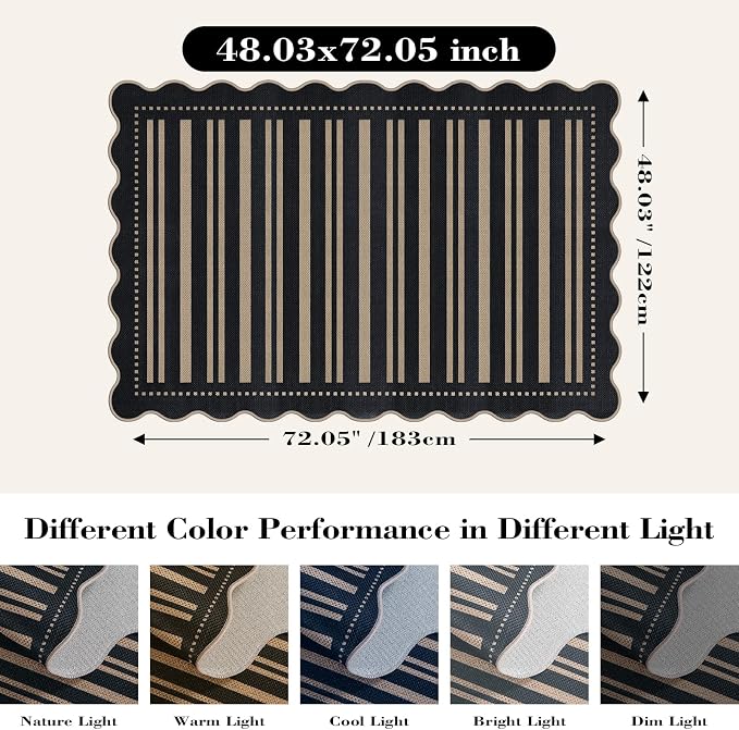 Striped Easy Jute 4x6 Outdoor Patio Rug, Washable Indoor Outdoor Black Kitchen - Image 2
