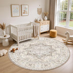 8ft Round Area Rug: Washable Vintage Neutral Soft Non Slip Thin Large Floor - Image 4