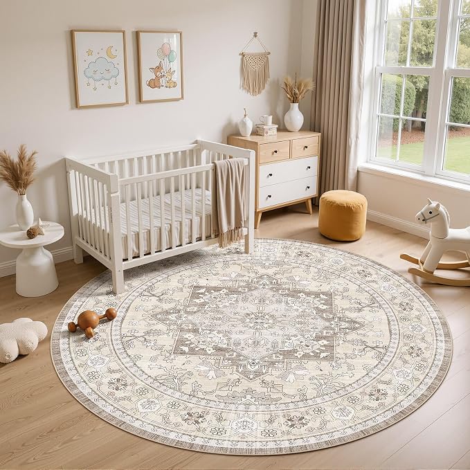 8ft Round Area Rug: Washable Vintage Neutral Soft Non Slip Thin Large Floor - Image 4