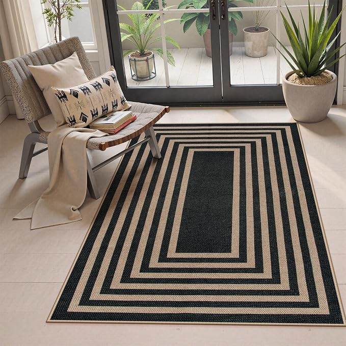 Lahome Enfys Modern Geometric Easy Jute Outdoor Rug, 3x5 Black Indoor Outdoor by Lahome