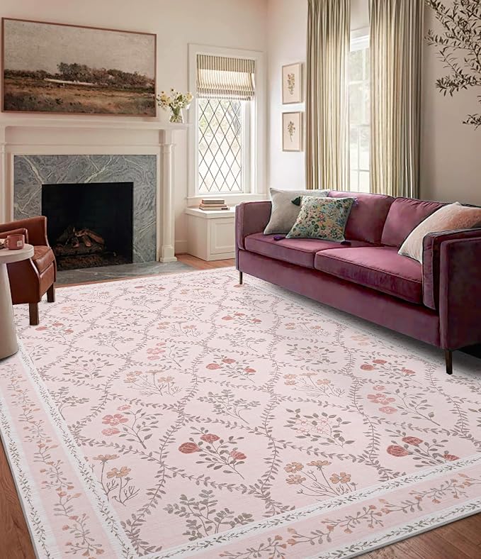 YIHOUSE Pink Floral Print Rugs, Moroccan Trellis 10x14 Washable Large Rug by YIHOUSE