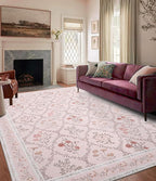 YIHOUSE Pink Floral Print Rugs, Moroccan Trellis 10x14 Washable Large Rug by YIHOUSE