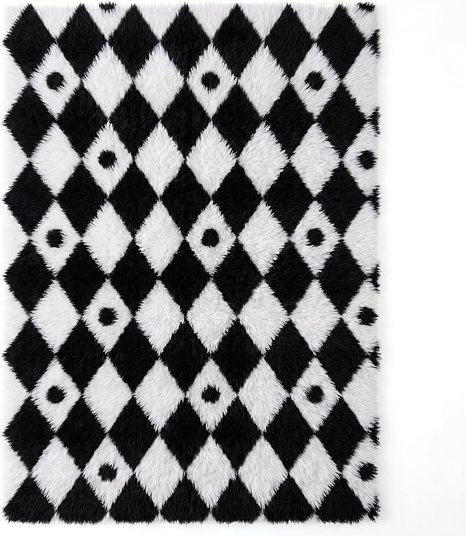 PureCozy Checkered Rug 4x6 Fluffy Shag Living Room Black and White Area Rug - Image 7