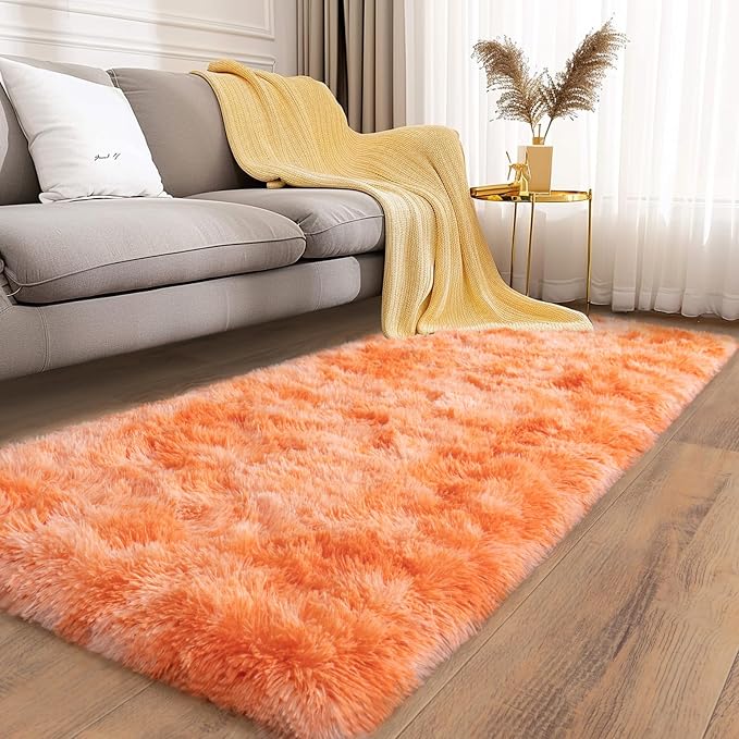 Soft Runner Rugs for Bedroom Hallways, 2x6 Tie-Dyed Orange Fluffy Shag Throw - Image 5