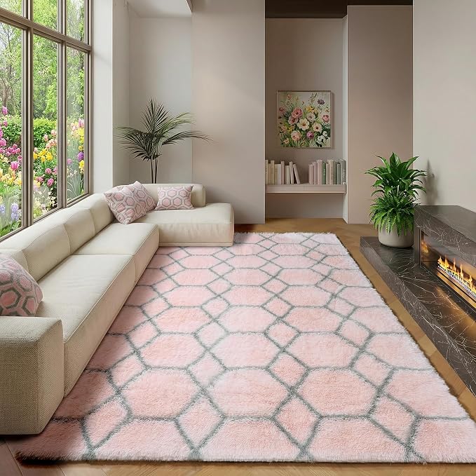 ONASAR 6x9 Area Rugs for Living Room Bedroom, Large Fluffy Pink and Grey Throw by ONASAR