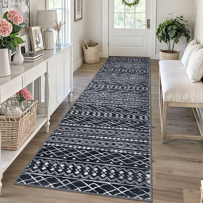 KUTA Moroccan Boho Runner Rug 2.6x10 Non-Slip Vintage Black Washable Hallway by KUTA
