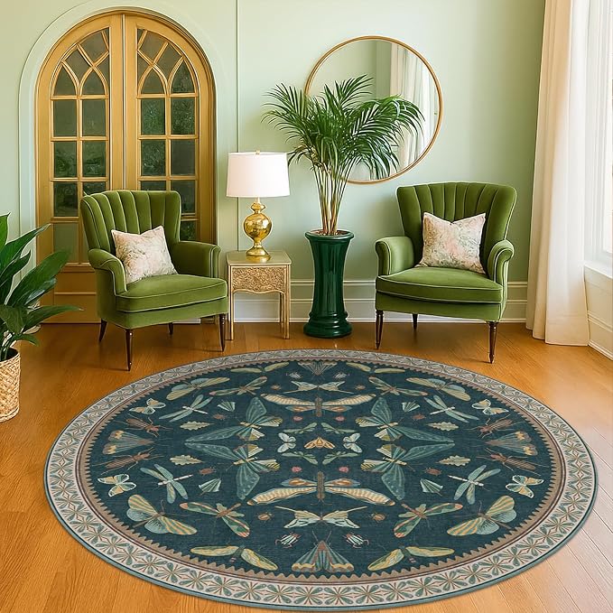 Washable Teal Round Rug 6ft, Non Slip Boho Carpet by HazoHaus