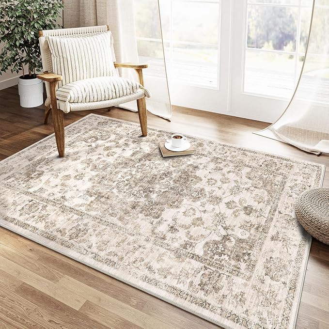 4x6 Washable Neutral Area Rug Brown Vintage Entryway Office Carpet Non-Slip - Image 2