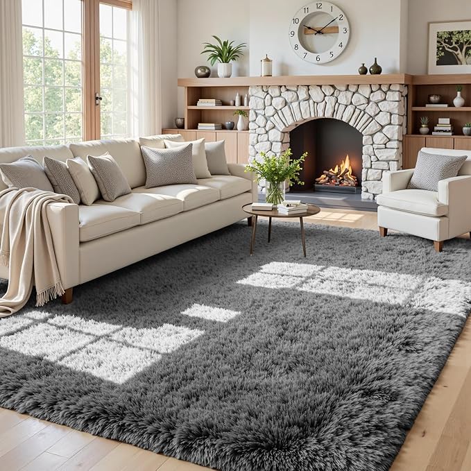 5x8 Area Rugs for Living Room: Soft Fluffy Shag Light Grey Rugs for Bedroom by CarpetAddColortoYourLife