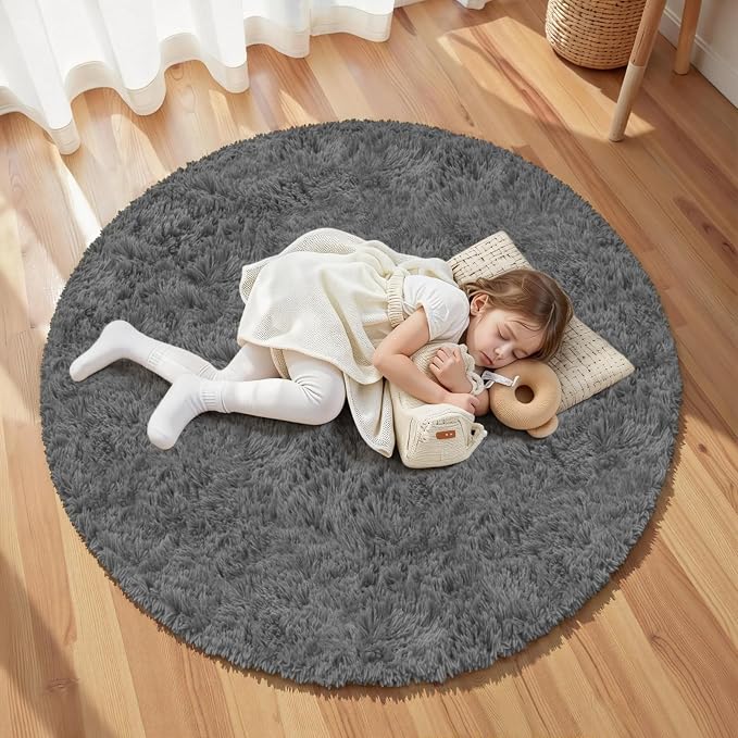 Dark Gray Round Fluffy Rug 6ft Plush Fuzzy Shaggy Carpet, Soft Rugs - Image 6