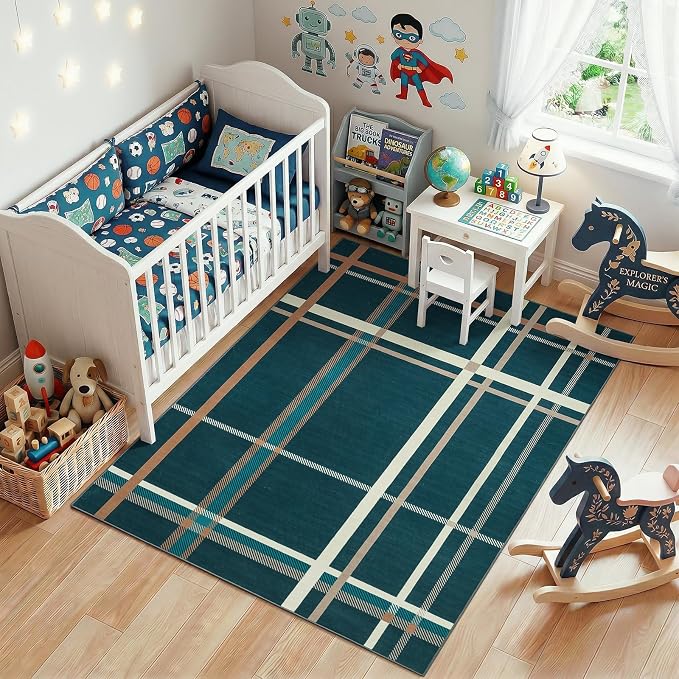 Terrug Plaid Area Rug for Bedroom, Soft Low Pile Stain Resistance Abstract - Image 2