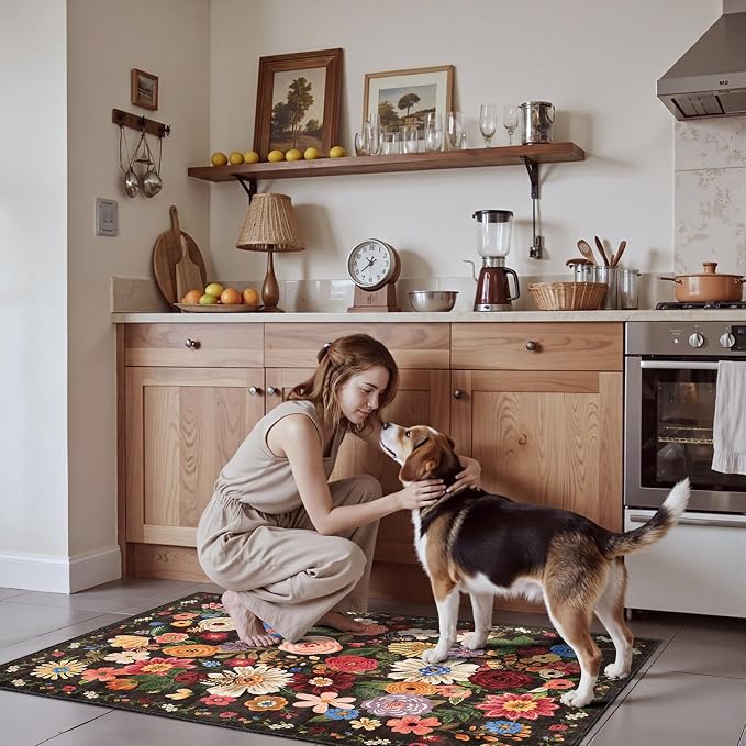 Floral Machine Washable Rug 3x5 Espresso, Non Slip Soft Bedroom Rug - Image 5