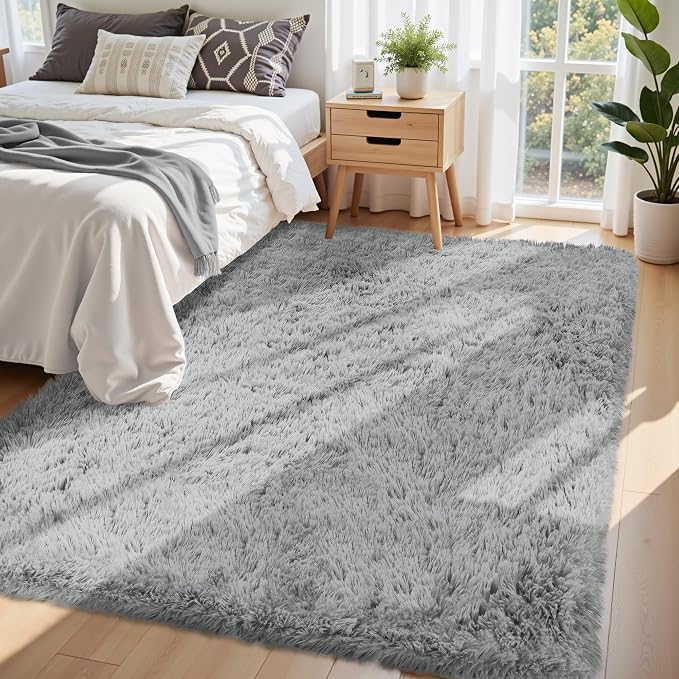 5x7 Area Rug for Living Room:Ultra Soft Fluffy Shag Light Grey Rugs, Large - Image 2