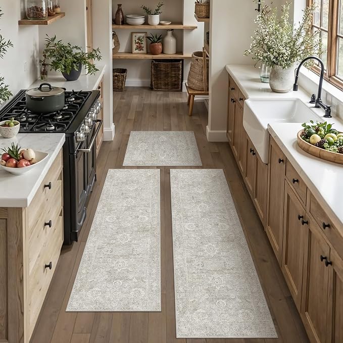 Neutral Kitchen Rug Set of 3 Washable Grey Floral Kitchen Mats by WondRg