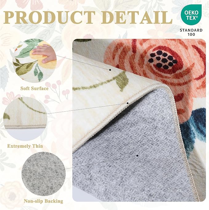 DUKINO 2.6x12 Kitchen Runner Rug, Lightweight Floral Washable Rug - Image 4