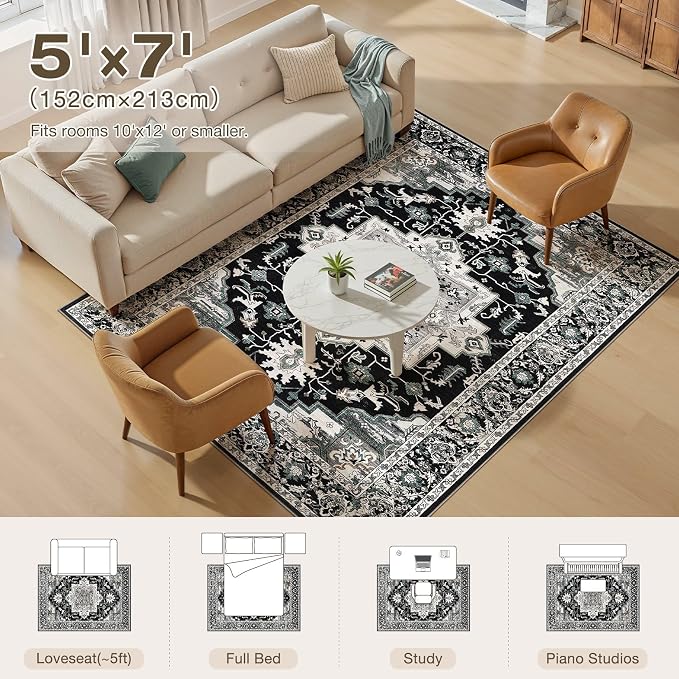 5x7 Area Rugs Living Room: Washable Vintage Rug Large Non-Slip Stain Resistant - Image 9