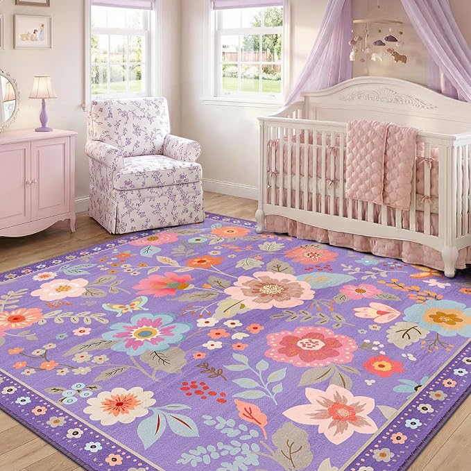 RELEANY Floral Square 8ft Area Rugs Washable Print Boho Cute Carpet Non Slip - Image 8