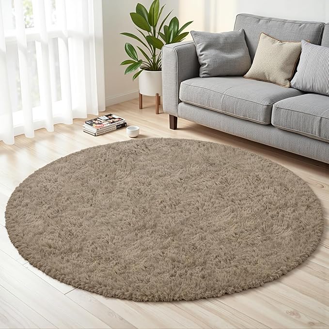 Gray Camel Round Fluffy Rug 5ft, Soft Bedroom Circle Rugs Mats by Unknown