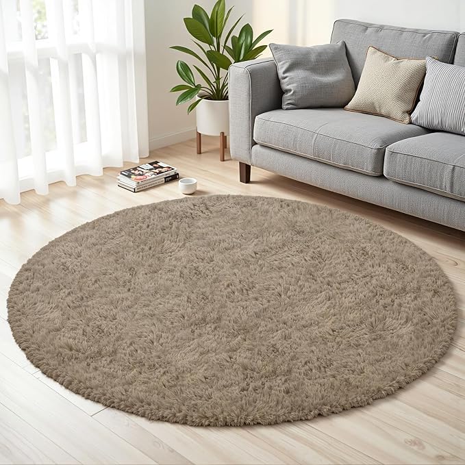 Gray Camel Round Fluffy Rug 6ft, Soft Bedroom Circle Rugs Mats by Unknown