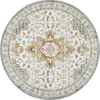 Moynesa Washable Round Rug 4ft, Vintage Medallion Area Rug Distressed Neutral - Image 8