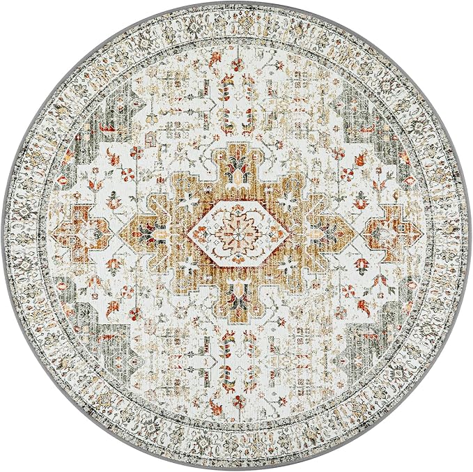 Moynesa Washable Round Rug 4ft, Vintage Medallion Area Rug Distressed Neutral - Image 8