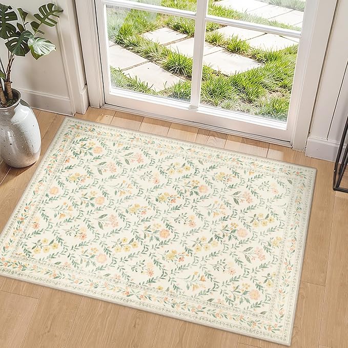 Entryway Rug 2X3 Small Rugs: Floral Washable Door Mat Vintage Soft Low Pile by PLHXFRSoftAreaRugs