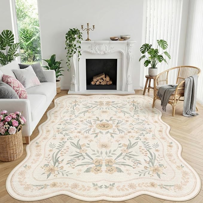 Scalloped Floral Rug 7x9, Neutral Beige Washable Non Slip Area Rug by Dadasgk