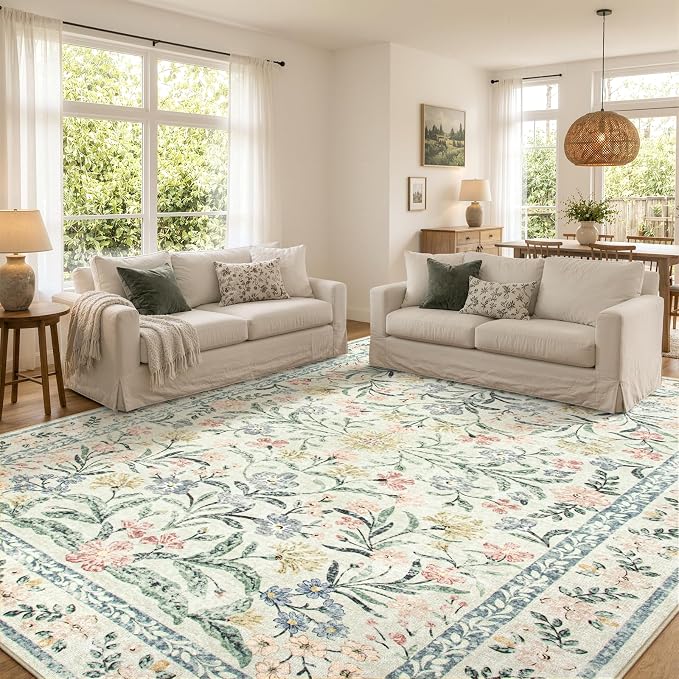 Wonnitar Large Living Room Rug, Floral 10 x 14 Machine Washable Area Rugs by Wonnitar