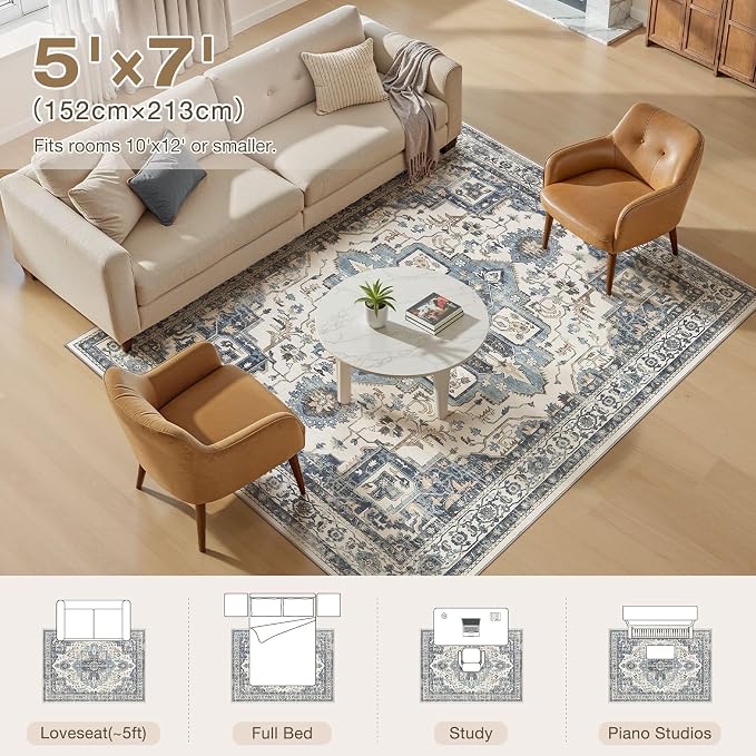 5x7 Washable Area Rugs for Living Room, Large Rug Non Slip Backing Vintage - Image 4