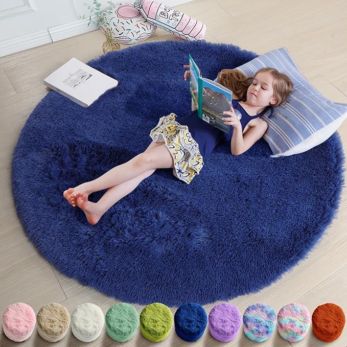 Navy Blue Round Rugs 5Ft for Boys Bedroom, Fluffy Circle Area Rug for Kids by Amdrebio