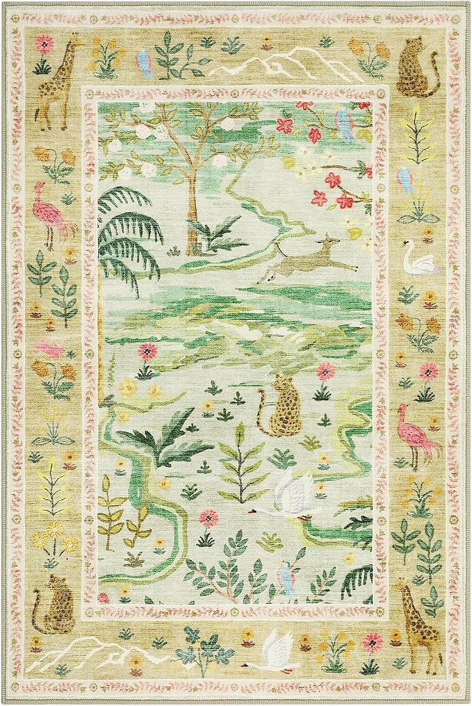 2x3 Washable Area Rug for Entryway Non Slip Safari Nursery Rug Green Kids Room - Image 4