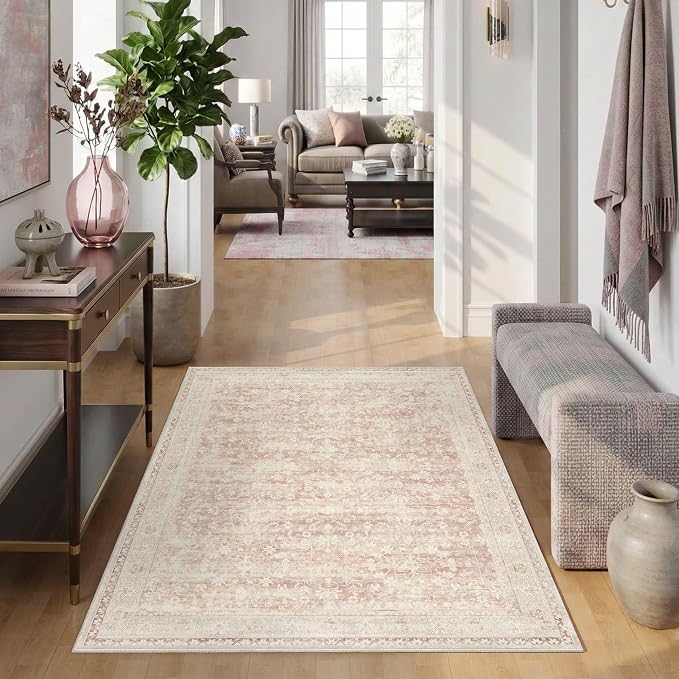 Latte&Fog Pink Rugs for Girls Bedroom, Vintage Washable 4x6 Area Rug for Living - Image 3