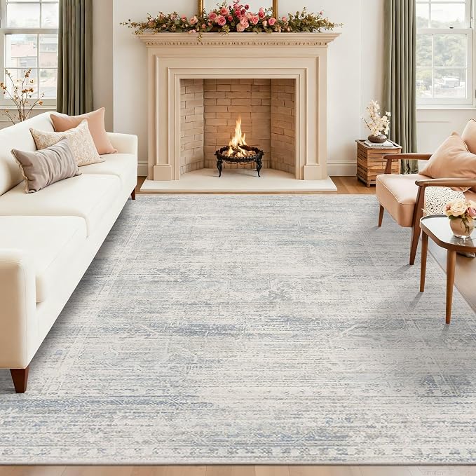 Latte&Fog Washable Area Rugs 6x9, Vintage Blue Rugs - Image 3