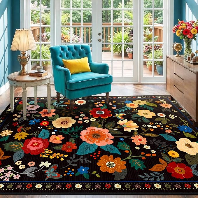 RELEANY Floral 4x6 Area Rugs Washable Print Boho Cute Carpet Non Slip Flower - Image 2