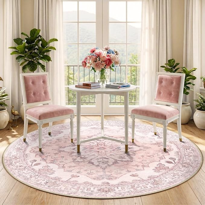 RELEANY Area Rugs Round 5ft Washable Non-Slip, Floral Vintage Distress - Image 2